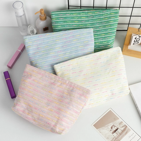 Geweven Tweed Make-Up Tas Grote Capaciteit Cosmetische Tas Toiletartikelen Reis Organizer Dames Chique Gekleurde Strepen