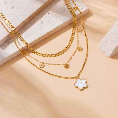 Collar Multicapa Retro Para Mujer Acero Inoxidable Chapado En Oro Colgante Flor Concha Cadena Figaro Moda