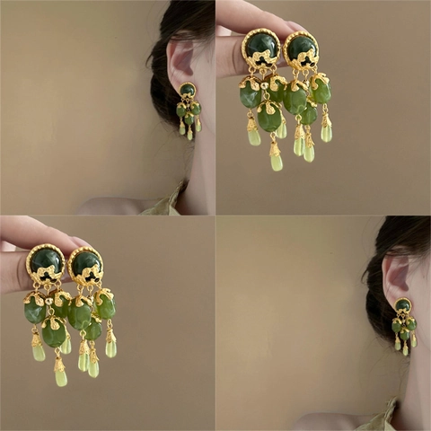 Boucles D'oreilles Pendantes À Pampilles En Pierre Verte Vintage Avec Tige En Argent Bijoux Style Palais Pour Femmes