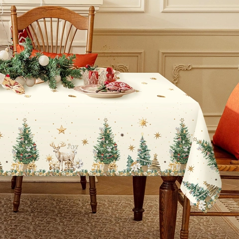 Tovaglia Di Natale Rettangolare Impermeabile Poliestere Festivo Renna Albero Motivo Decorazione Sala Da Pranzo Crema Beige