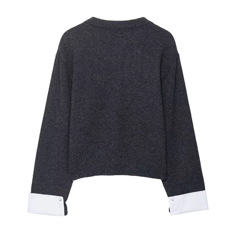 Damen Strickjacke Pullover Mock Layered Design Gespleißte Weiße Manschetten Knopfleiste Rundhals Langarm Lässig