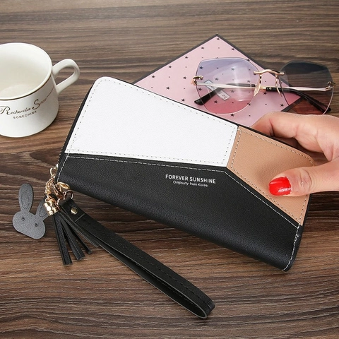 Portefeuille Long Femme En Cuir PU Design Géométrique Color Block Pochette À Fermeture Éclair Avec Gland Pendentif Lapin