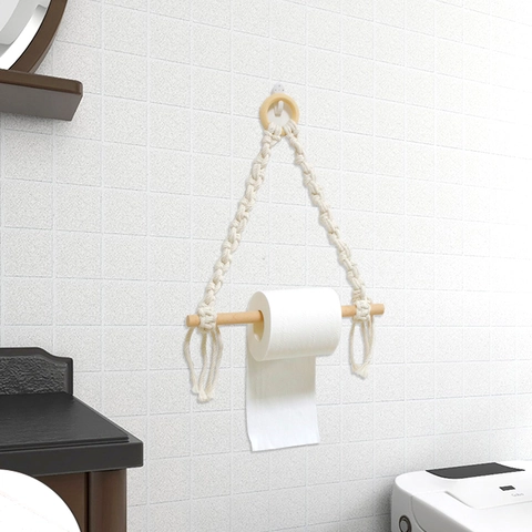 Porta Carta Igienica Da Parete Macramè Boemo Fatto A Mano Corda Di Cotone Con Asta Di Legno Frange Arredo Bagno