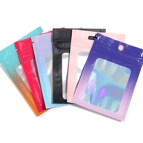 Holographic Laser Ziplock Packaging Bags With Transparent Window Hanging Hole Jewelry DIY Accessory Storage Plastic