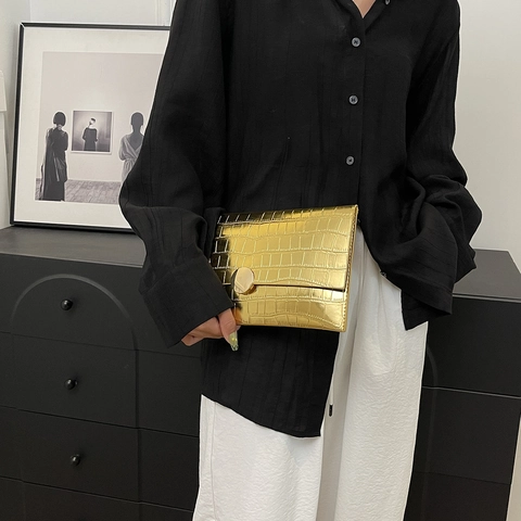 Pochette A Busta Da Donna In Pelle PU Con Motivo Coccodrillo Oro Argento Metallizzato Borsa Da Sera Fibbia Rotonda
