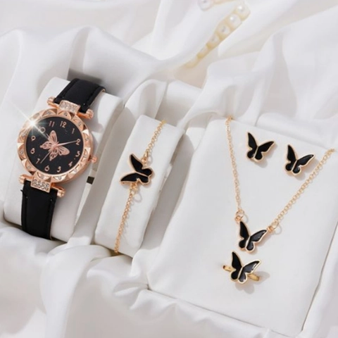 Damen Mode Quarz Uhr Und Schmuck Set Schmetterling Strass Legierung Lederarmband Luxus Uhr Geschenk