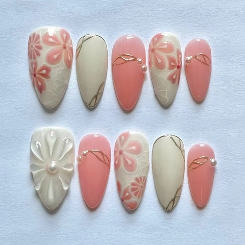 3D Künstliche Perle Blume Aufpressnägel Süß Rosa Weiß Glänzend Full Cover Künstliche Nägel Mit Kleber Elegant Romantisch INS Stil