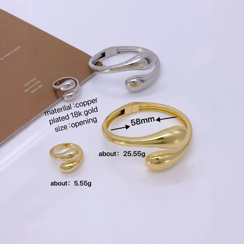 Set Anello Bracciale Rigido Aperto a Goccia in Rame Placcato Oro 18K Design Minimalista Oro Argento Bicolore Gioielli per Donna