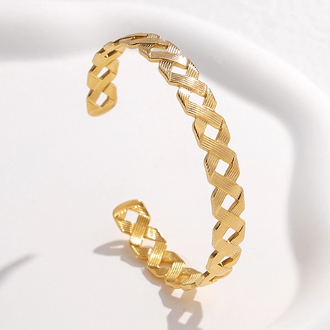 Hollow Geometric Open Cuff Bangle Stainless Steel Woven Texture Minimalist Fashion Jewelry For Women