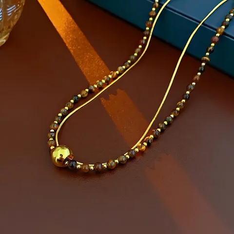 Collier Multi-Rangs Avec Pierre Oeil De Tigre Et Chaîne Serpent En Cuivre Style Français Rétro Élégant Pour Femme