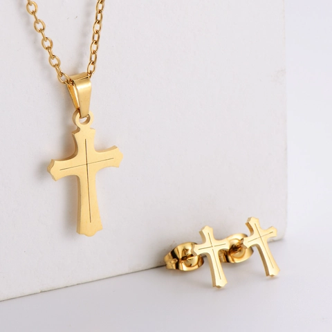 Minimalistische 18K Vergoldete 304 Edelstahl Kreuz Halskette Und Ohrringe Polierte Religiöse Schmuck Für Damen Herren