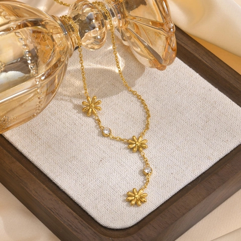 Flower Daisy Y-Shaped Necklace Stainless Steel Gold Plated With Zircon Elegant Drop Jewelry For Women