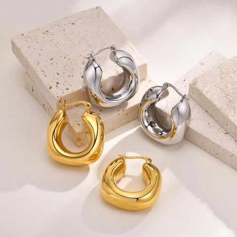 Chunky Hoop Earrings Stainless Steel Hollow Geometric C Shape Minimalist Fashion Jewelry Gold Silver Color For Women