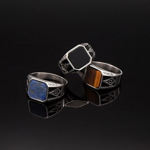 Chevalière Franc-Maçonnerie Homme Vintage Acier Titane Pierre Carrée Œil De Tigre Lapis-Lazuli Symbole Maçonnique G