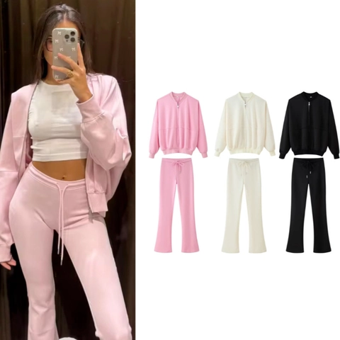 Women Full Zip Bomber Jacket And Drawstring Flare Pants Polyester Solid Color Casual Sporty Long Sleeve Streetwear