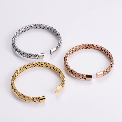 Bracciale Rigido Intrecciato Minimalista Acciaio Inossidabile 316L Aperto A Forma Di C Regolabile Gioielli Moderni Donna