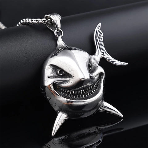 Shark Head Pendant Necklace 316L Stainless Steel Punk Hip Hop Animal Jewelry For Men Streetwear Novelty