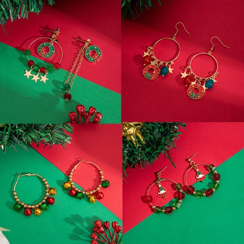 Kerst Oorbellen Legering Emaille Gekleurde Bellen Krans Sterren Fluwelen Strik Sieraden Voor Vrouwen Feest