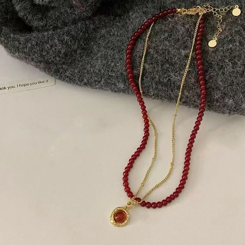 Layered Necklace Gold Plated Tiger Eye Agate Beaded Chain Retro Round Pendant Clavicle Jewelry For Women