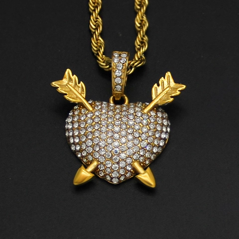 Collana Con Pendente A Cuore Con Doppie Frecce Acciaio Inossidabile Strass Iced Out Hip Hop Bling Gioielli Per Uomo E Donna