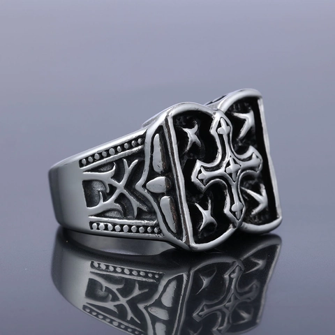 Vintage Cross Star Ring 316 Stainless Steel Gothic Punk Biker Band Jewelry For Men Retro Oxidized Finish