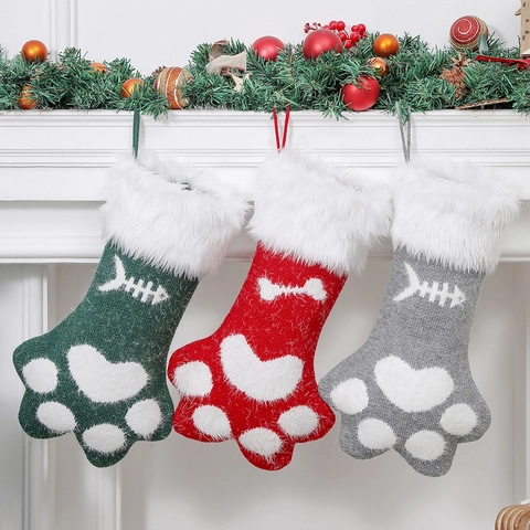 Christmas Stocking Paw Shaped Knit Acrylic Faux Fur Trim Candy Bag Holiday Home Decor Cute Pet Gift Bag
