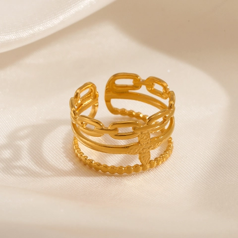 Edelstahl Mehrlagiger Offener Ring 18K Vergoldet Kette Kleeblatt Verstellbar Schmuck Damen INS Stil Elegant
