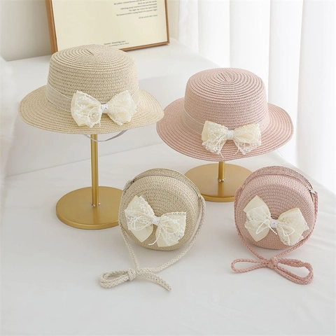 Sombrero De Paja Para Niñas Con Lazo De Encaje Y Perla Artificial Sombrero De Playa De Verano Y Bolso Bandolera Redondo