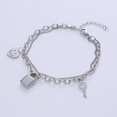 Zweilagiges 316 Edelstahl Charm Armband Herz Smiley Gesicht Schloss Und Schlüssel Anhänger Modeschmuck Frauen