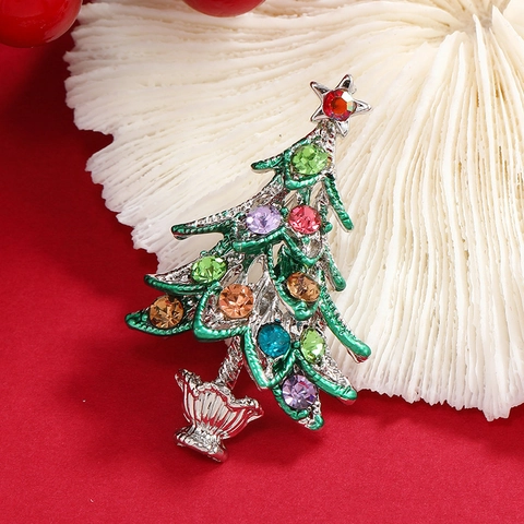 Christmas Tree Brooch Pin Alloy Multi Color Rhinestone Enamel Vintage Festive Jewelry Women Holiday
