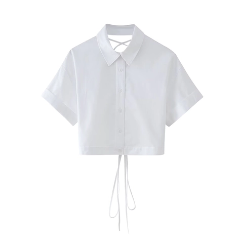 Women's White Short Sleeve Crop Shirt With Lace Up Back Detail Polo Collar Button Down Top Street Casual Fashion Blouse