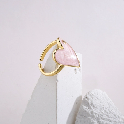 Herzförmiger Offener Ring Kupfer 18K Vergoldet Emaille Marmor Textur Zirkonia Eingelegt Verstellbarer Schmuck Für Frauen