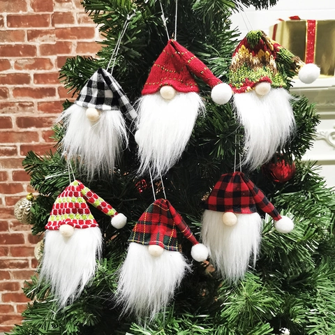 Christmas Gnome Ornaments Knit Plaid Faceless Doll Hanging Decor For Tree And Wine Bottle