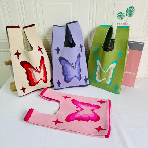 Gestrickte Tragetasche Damen Schmetterling Stern Muster Polyester Handtasche Ästhetik Häkeln Leicht Kleine Tasche