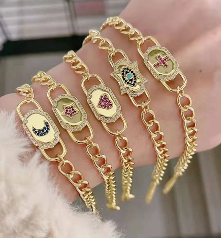 Panzerkette Armband Kupfer Zirkonia Verstellbar Stern Mond Herz Kreuz Böser Blick Modeschmuck Damen