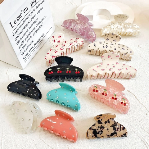 French Style Hair Claw Clip Rhinestone Shark Clip Plastic Resin Cherry Floral Star Pattern Hair Accessories For Women