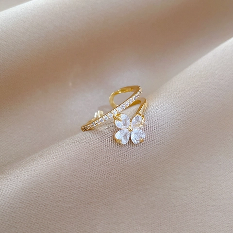 Brass Gold Plated Adjustable Ring Cubic Zirconia Sparkling Four Leaf Clover Flower Open Finger Jewelry For Women