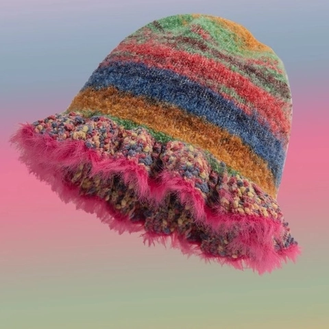 Vintage Bunter Gestreifter Gestrickter Fischerhut Mit Plüsch Kunstpelzbesatz Warmer Winter Fischerkappe Für Damen Zubehör