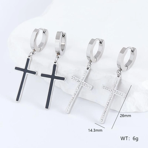 Stainless Steel Cross Pendant Hoop Earrings Rhinestone Enamel Religious Punk Fashion Jewelry For Unisex