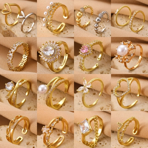 Trendy Copper Adjustable Open Rings For Women Cubic Zirconia Faux Artificial Pearl Heart Bow Star Finger Jewelry Accessory