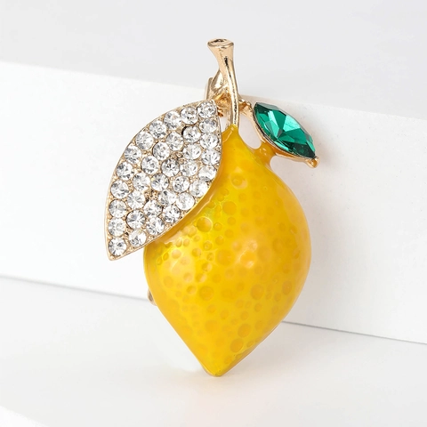 Lemon Fruit Brooch Alloy Enamel With Rhinestone And Crystal Leaf Pin For Women Fresh Pastoral Style Gift