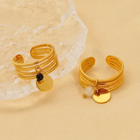 Multi Layer Twisted Texture Open Ring For Women 18K Gold Plated Stainless Steel Adjustable Band With Bead Pendant Charm