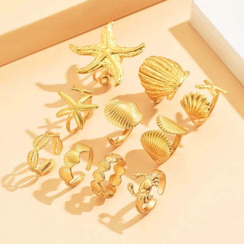 Stainless Steel Ocean Starfish Shell Open Rings Adjustable Vacation Bohemian Jewelry For Women