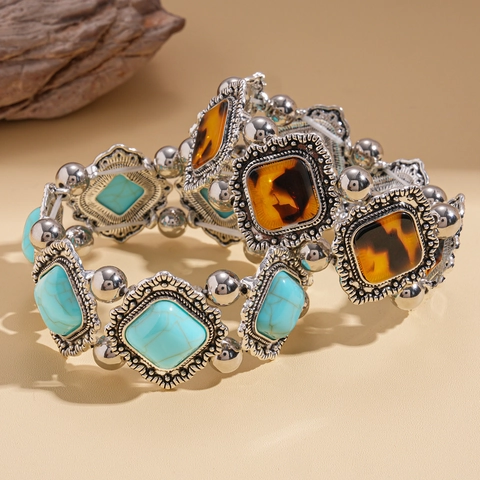 Vintage Bohemian Ethnic Elastic Bracelet Alloy Acrylic Turquoise Amber Geometric Square Distressed Jewelry For Women