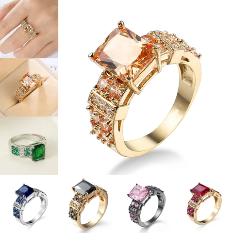 Anello In Rame Con Zirconia Cubica Quadrata Donne Lusso Retro Punk Stile Placcato Oro Pietra Preziosa Gioielli Moda Regalo
