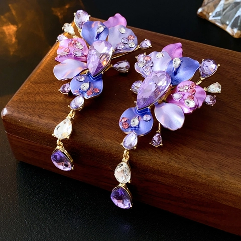 Purple Flower Drop Earrings For Women With Rhinestone Crystal And 925 Sterling Silver Earring Post Vintage Statement