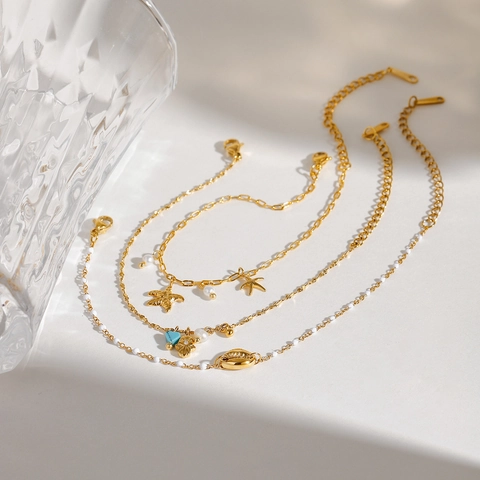 Pulseras De Acero Inoxidable Océano Concha Estrella De Mar Perla Artificial Cuenta Azul Chapado En Oro Joyería Para Mujeres