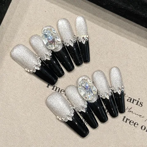 Handgefertigte Press On Nails Schwarz Silber Farbverlauf Luxus Strass Glitzer Lange Sargform Abnehmbare Kunstnägel