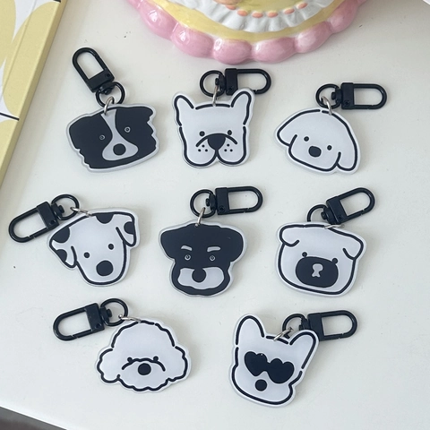 Cartoon Hondenkop Acryl Sleutelhanger Minimalistisch Zwart Wit Huisdier Tas Bedeltje Franse Bulldog Metalen Sluiting