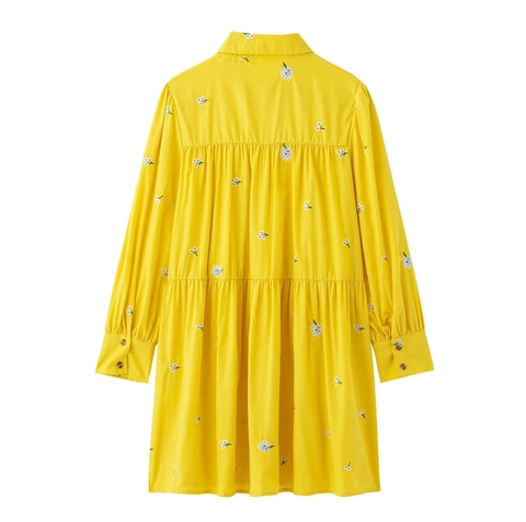 Franse Vintage Gele Midi Overhemdjurk Dames Polyester Lange Mouwen Witte Bloemendecoratie Revers Knoopsluiting Zoom